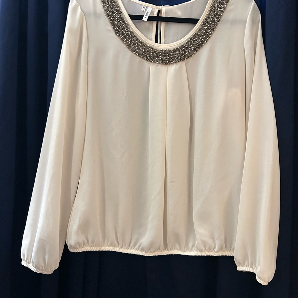 Studio Y Cream Blouse with Beaded Scoop Neck